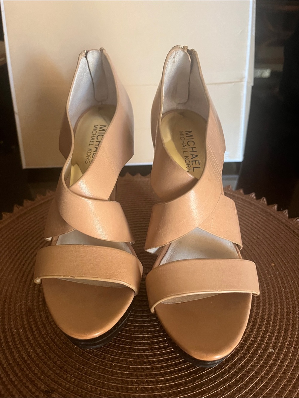 Michael Kors Nude/Tan Leather Crisscross Open-Toe Heels